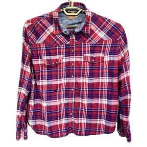 Jachs Girlfriend Shirt Women XXL Comfort Stretch Flannel Plaid Pearl Snap Defect